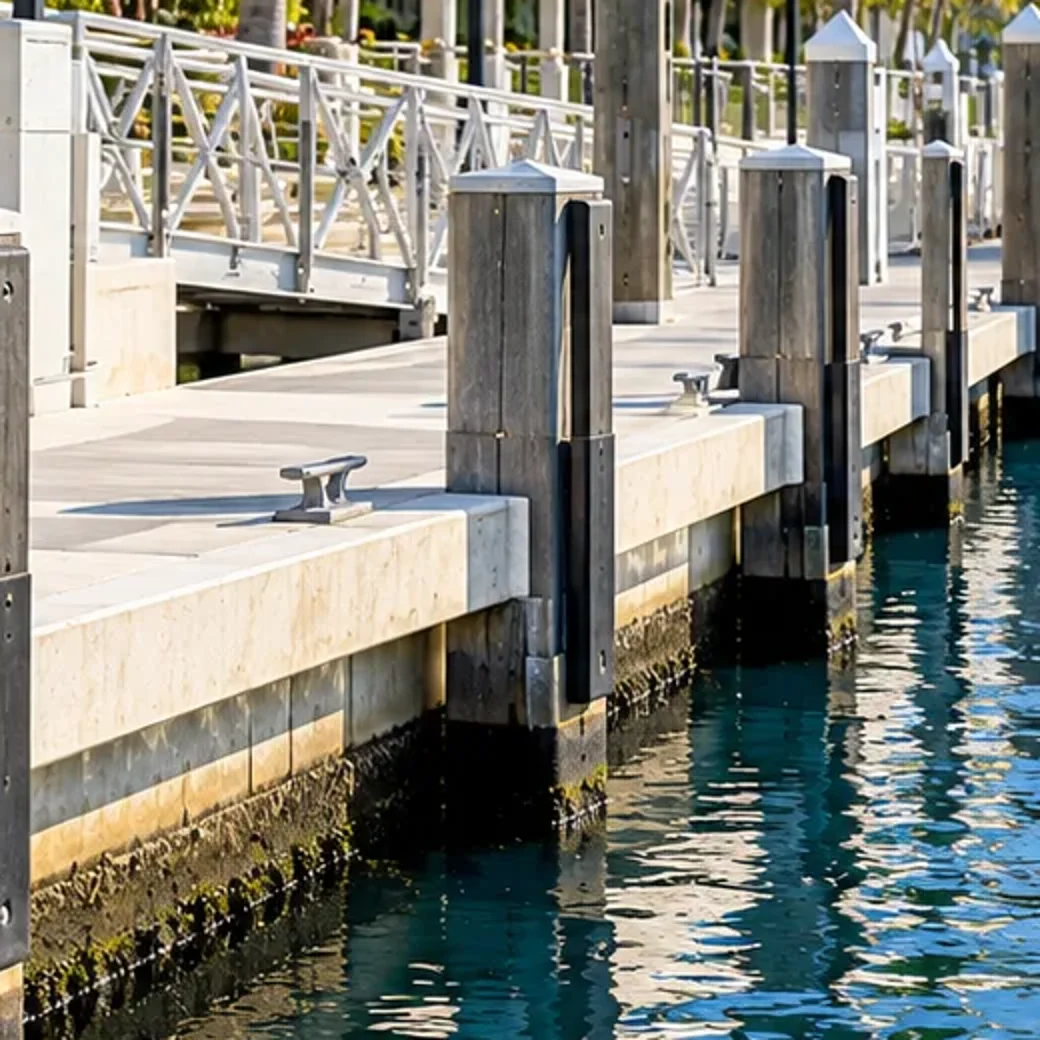 Waterfront dock decking, structural pilings and dock hardware in South Florida