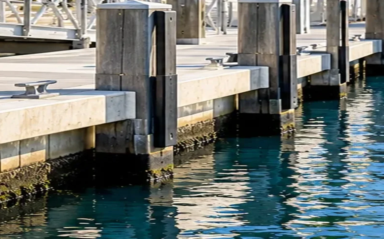 Waterfront dock decking, structural pilings and dock hardware in South Florida