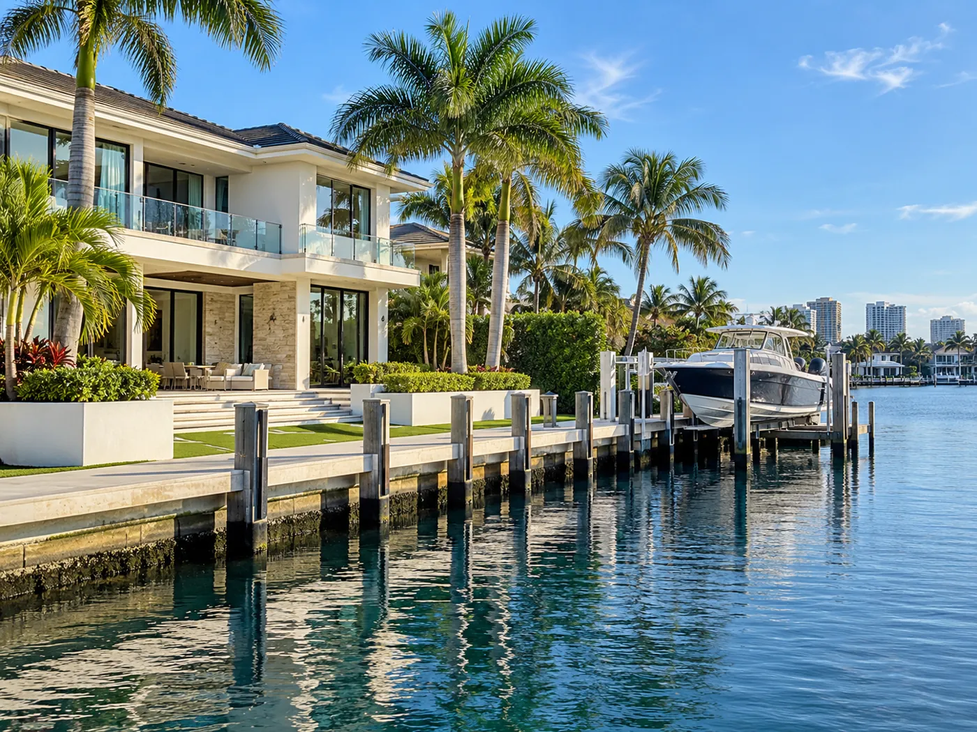 Illustrative Southeast Florida waterfront residence with seawall and boat lift