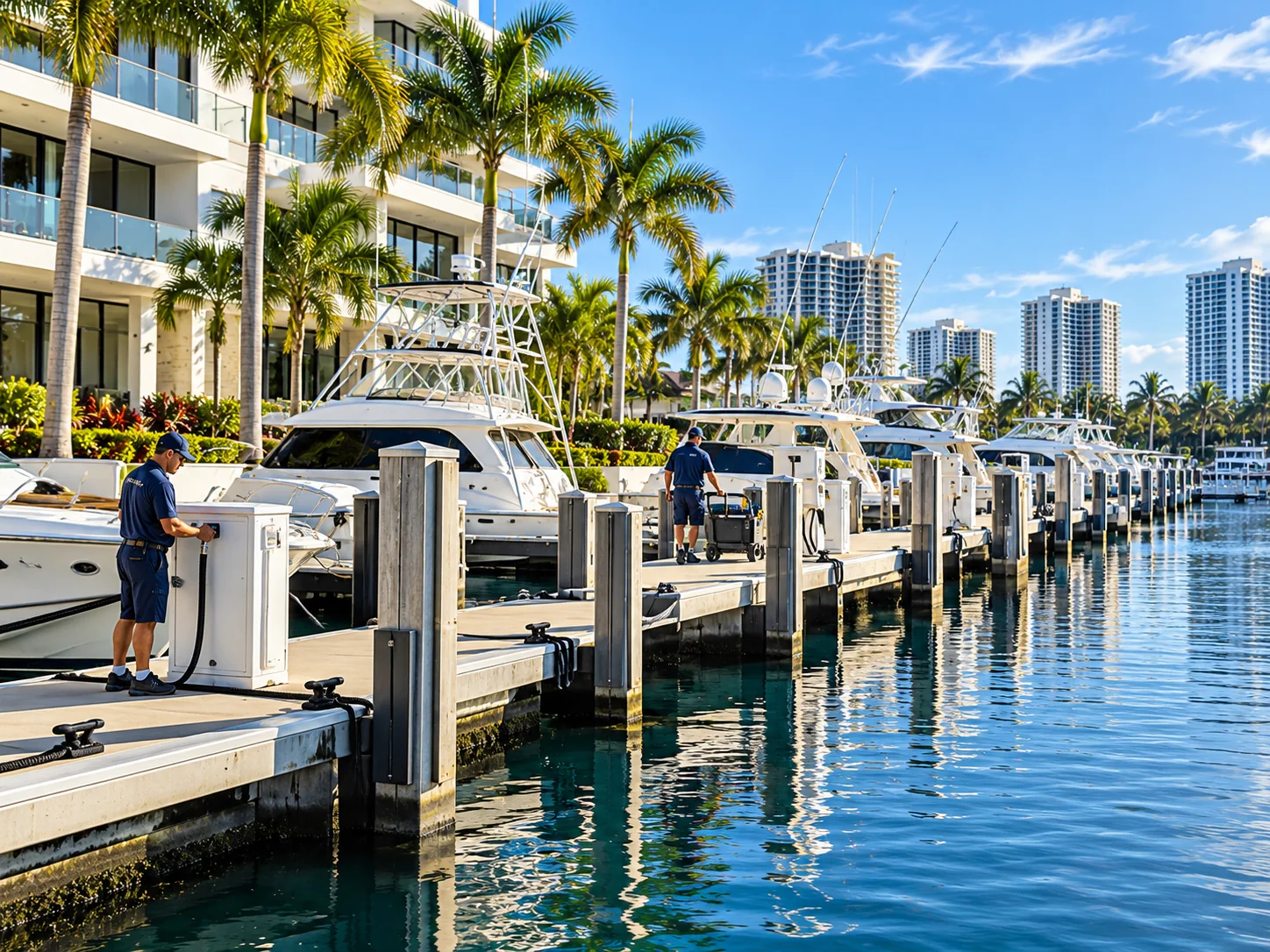 Commercial marina with varied boats and slips