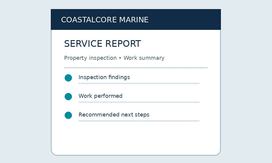 Illustrative written CoastalCore Marine service report with inspection and work summary