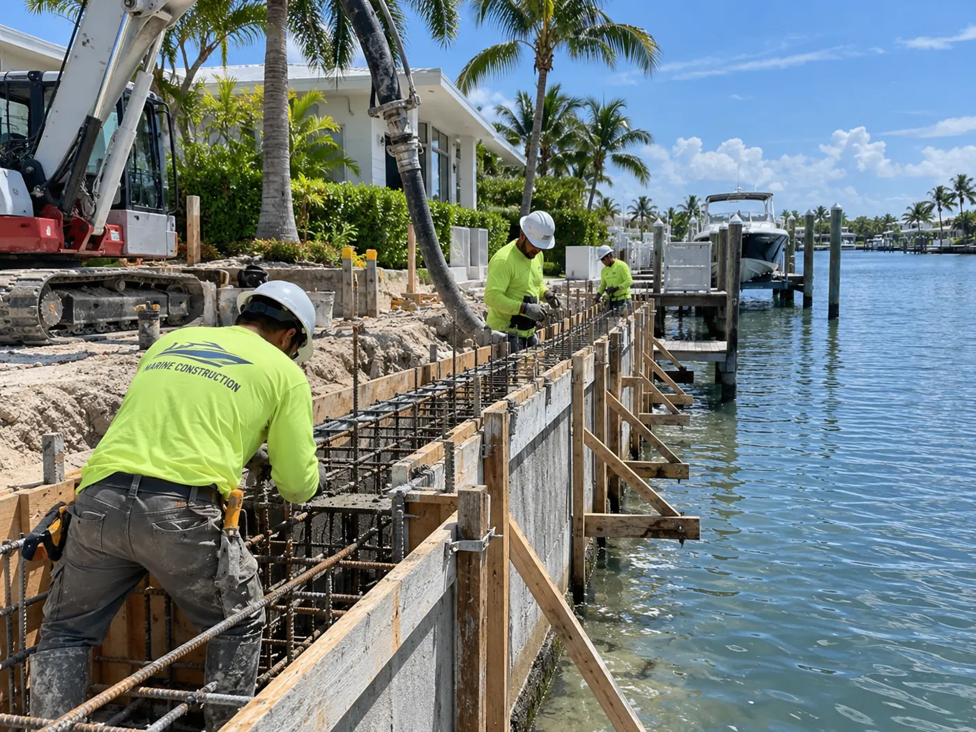 Illustrative scene showing seawall construction workers installing reinforced concrete forms