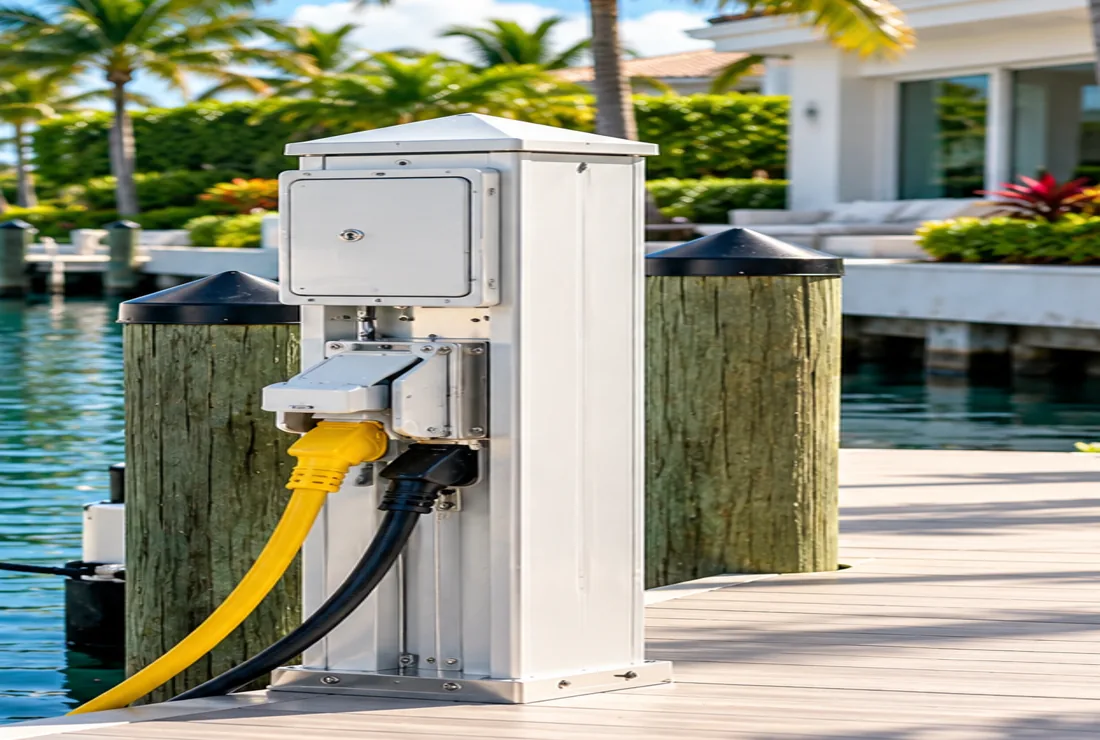 Marine shore-power pedestal and dock connection details
